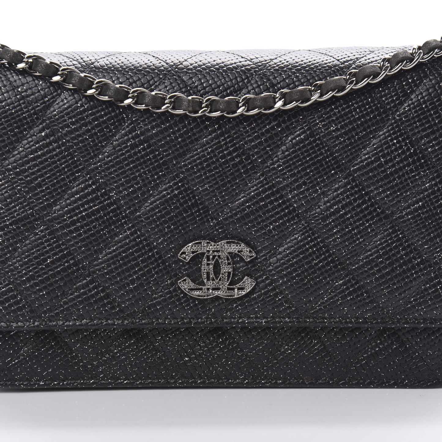 Glitter Calfskin Quilted Wallet on Chain WOC Black Silver
