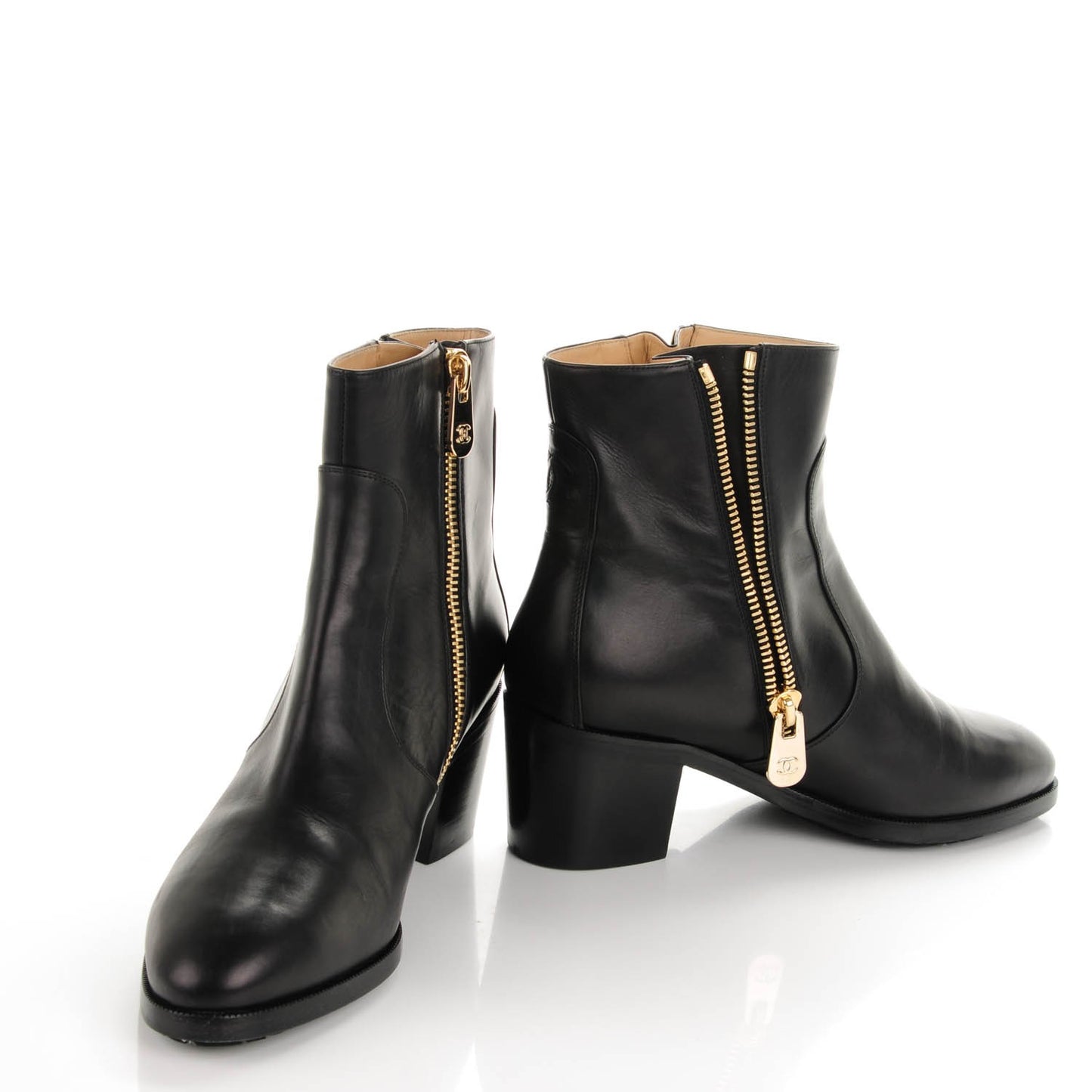 Calfskin Double Zip Short Boots 40 Black