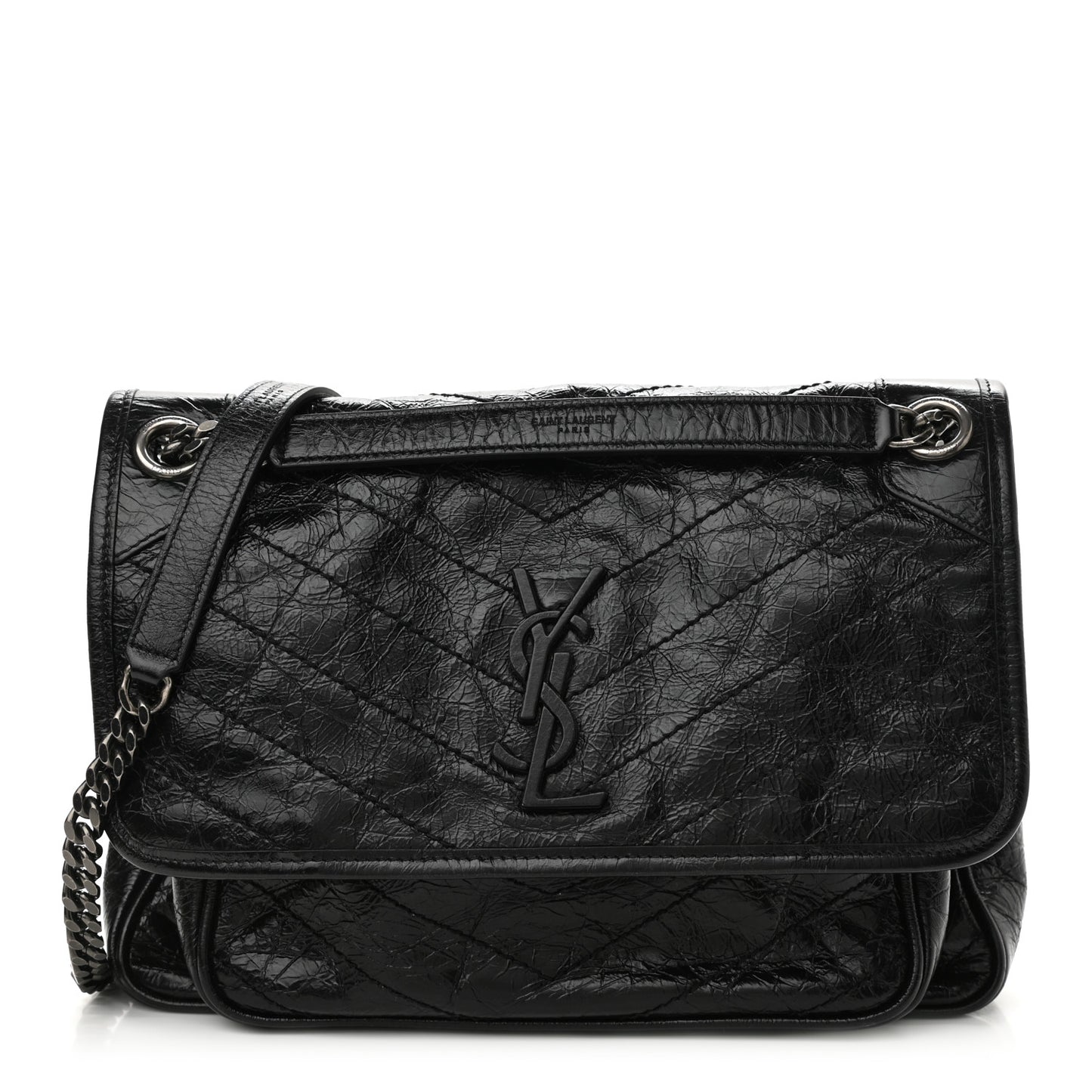 Crinkled Calfskin Matelasse Monogram Medium Niki Chain Satchel Black