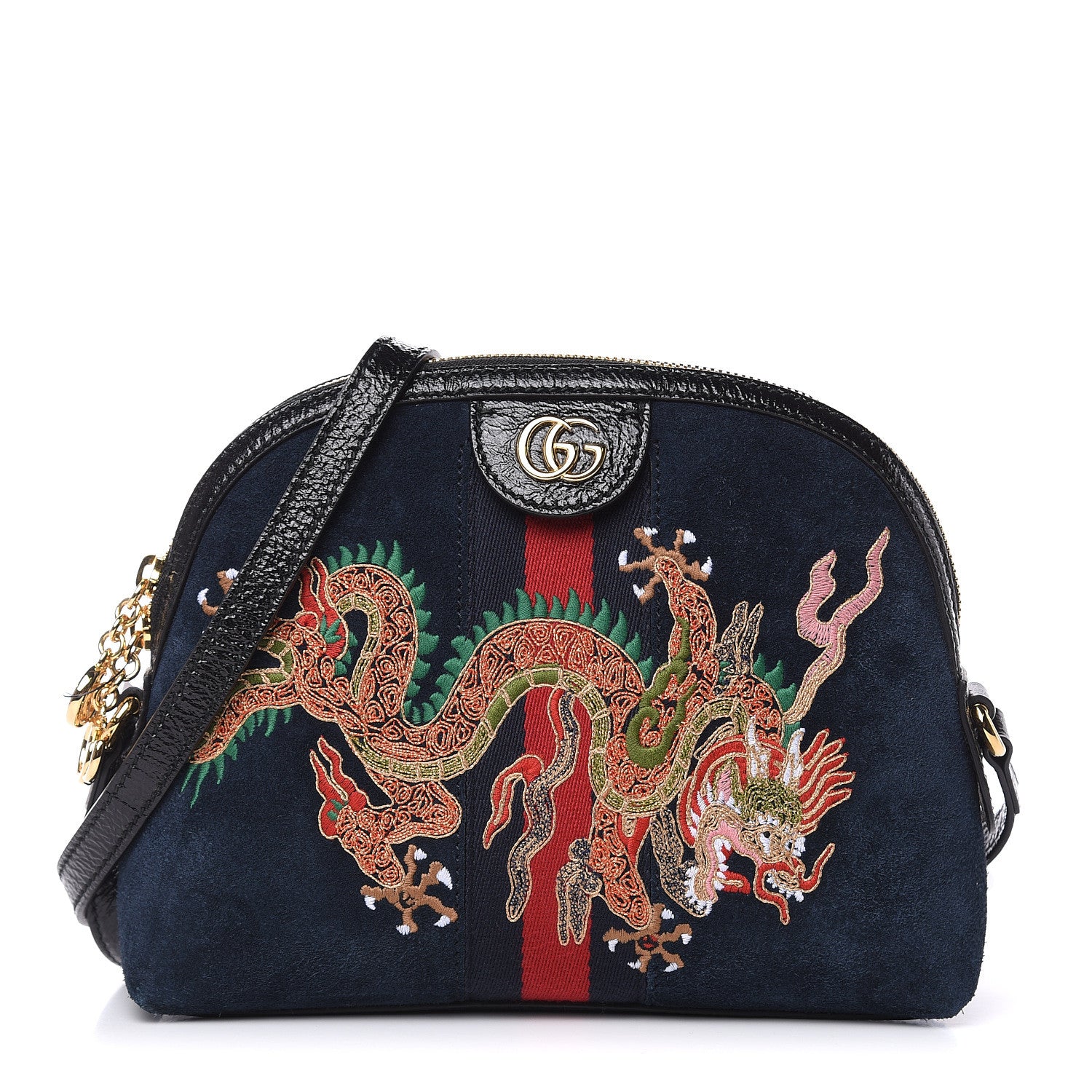 Gucci Suede Patent Dragon Embroidered Small Ophidia Dome Shoulder Bag Blue Multicolor Black 1 of 11