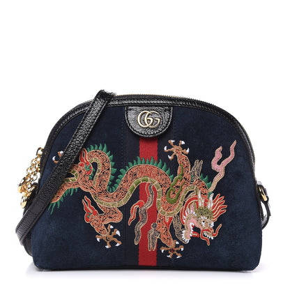 Gucci Suede Patent Dragon Embroidered Small Ophidia Dome Shoulder Bag Blue Multicolor Black 1 of 11