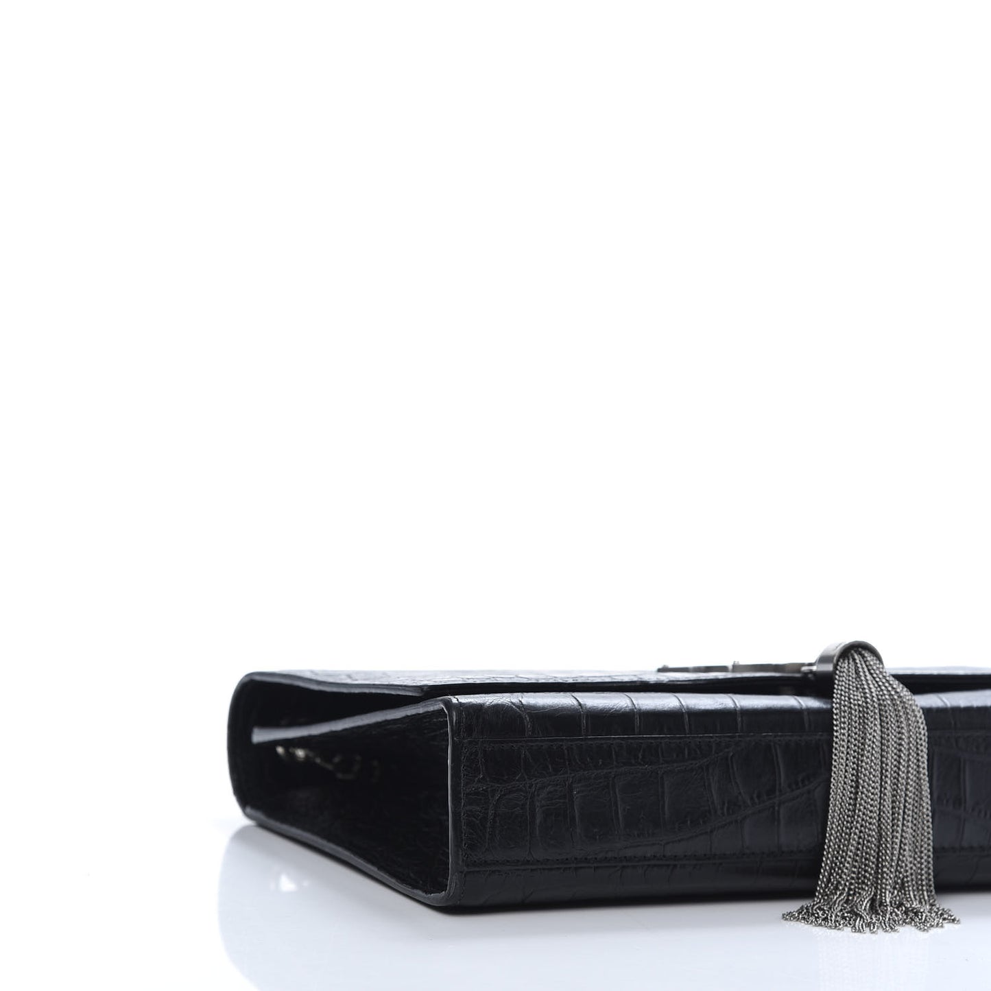 Calfskin Crocodile Embossed Medium Classic Monogram Kate Tassel Satchel Black