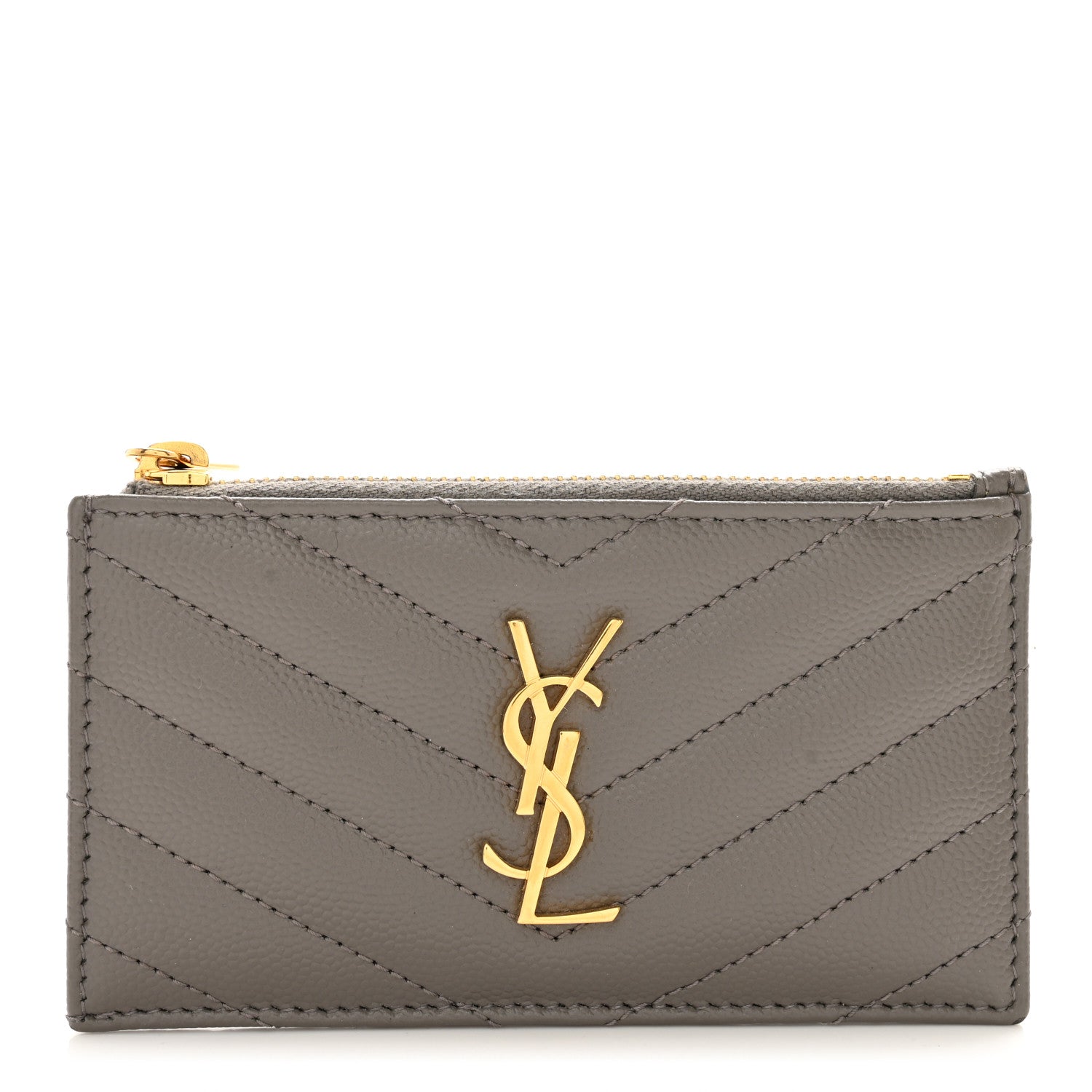 Saint Laurent Grain De Poudre Matelasse Chevron Monogram Fragments Zippered Card Case Pebble 1 of 8
