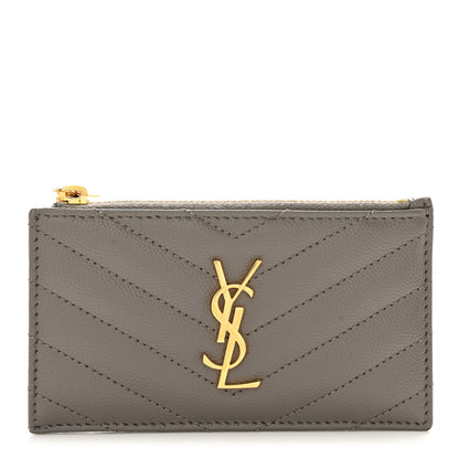 Saint Laurent Grain De Poudre Matelasse Chevron Monogram Fragments Zippered Card Case Pebble 1 of 8