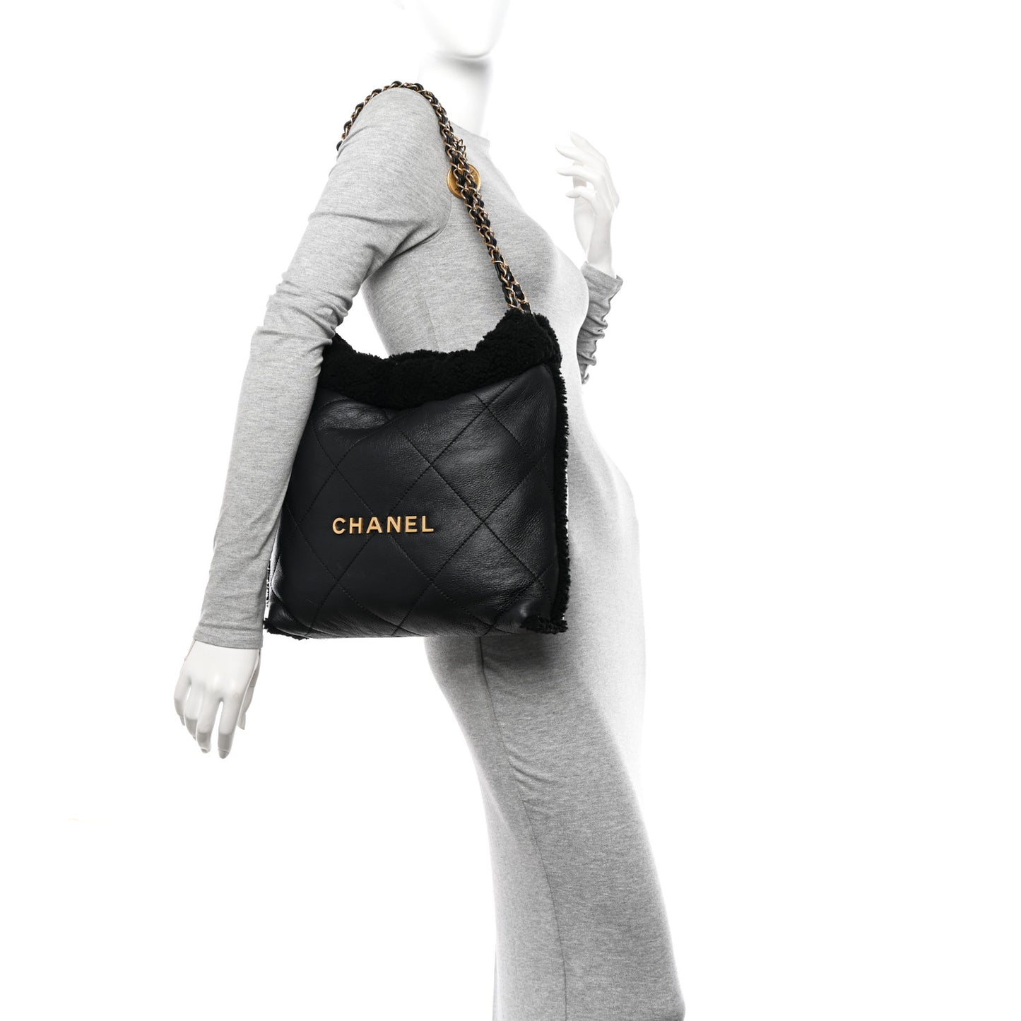 Aged Lambskin Shearling Quilted Small Chanel 22 Black