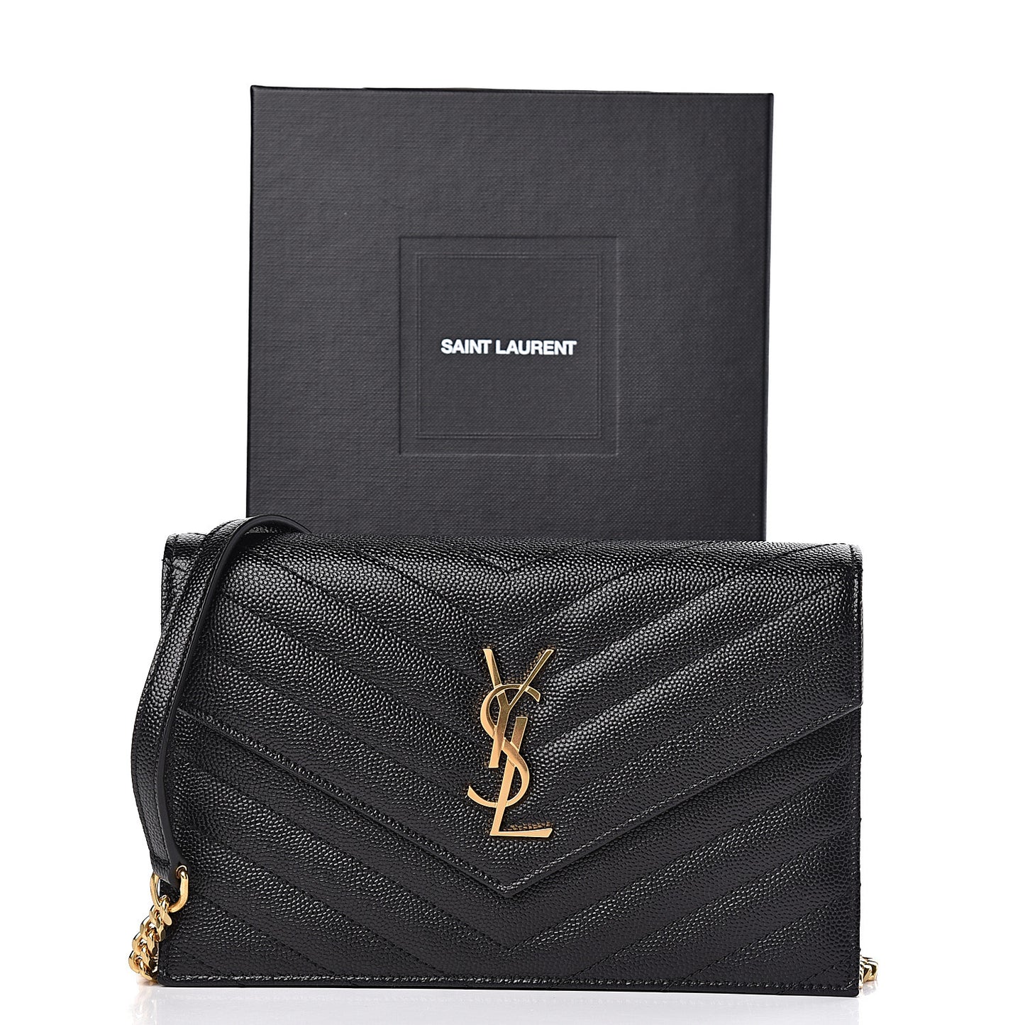 Grain De Poudre Matelasse Chevron Monogram Envelope Chain Wallet Black
