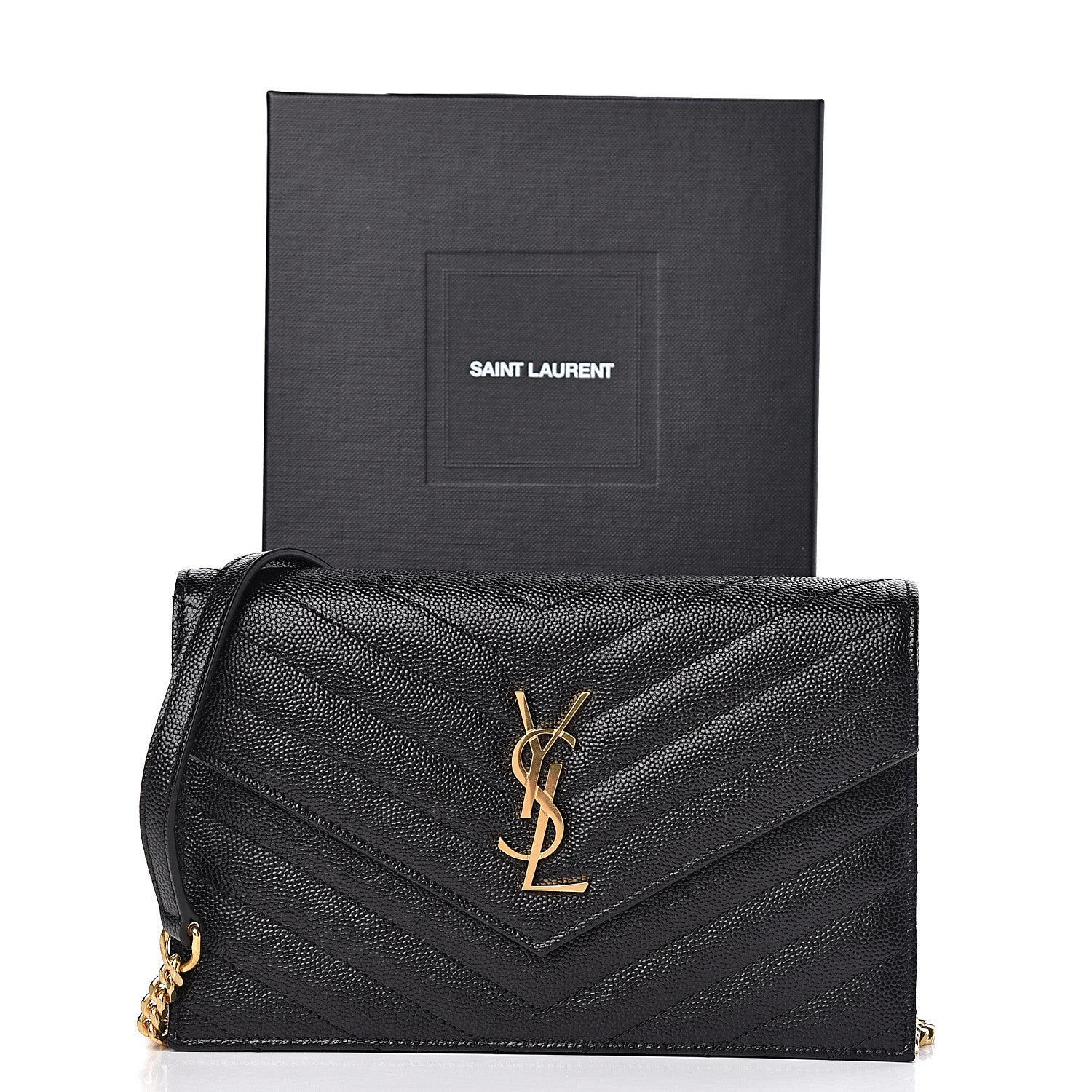 Saint Laurent Grain De Poudre Matelasse Chevron Monogram Envelope Chain Wallet Black 10 of 10
