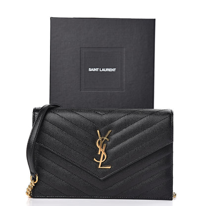 Saint Laurent Grain De Poudre Matelasse Chevron Monogram Envelope Chain Wallet Black 10 of 10