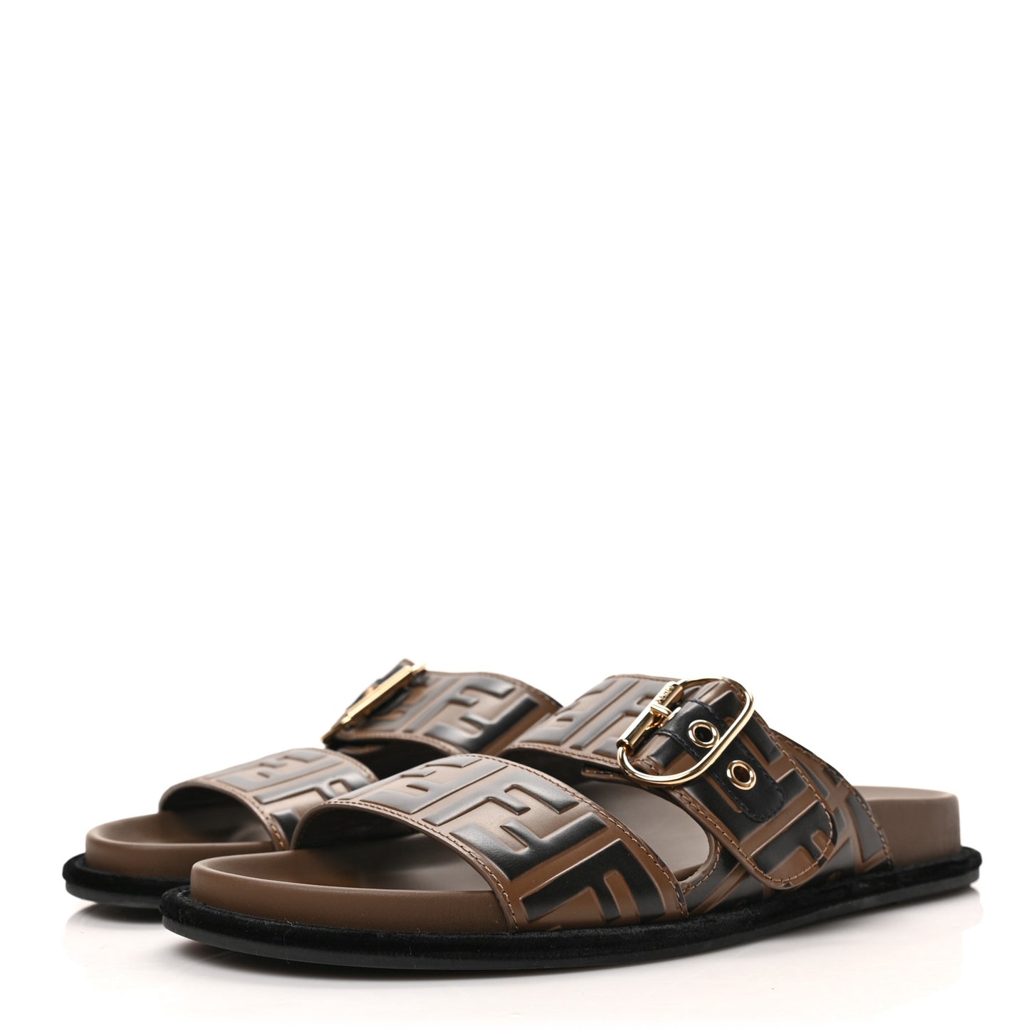 Calfskin FF Embossed Pearland Slide Sandals 39 Tobacco Moro