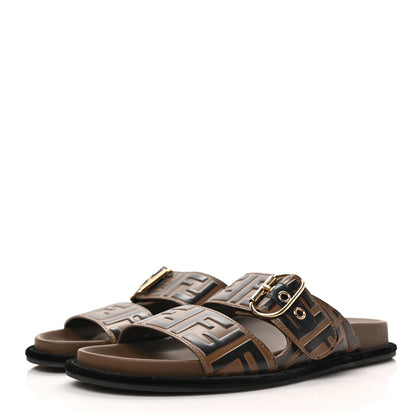 Fendi Calfskin FF Embossed Pearland Slide Sandals 39 Tobacco Moro 3 of 6