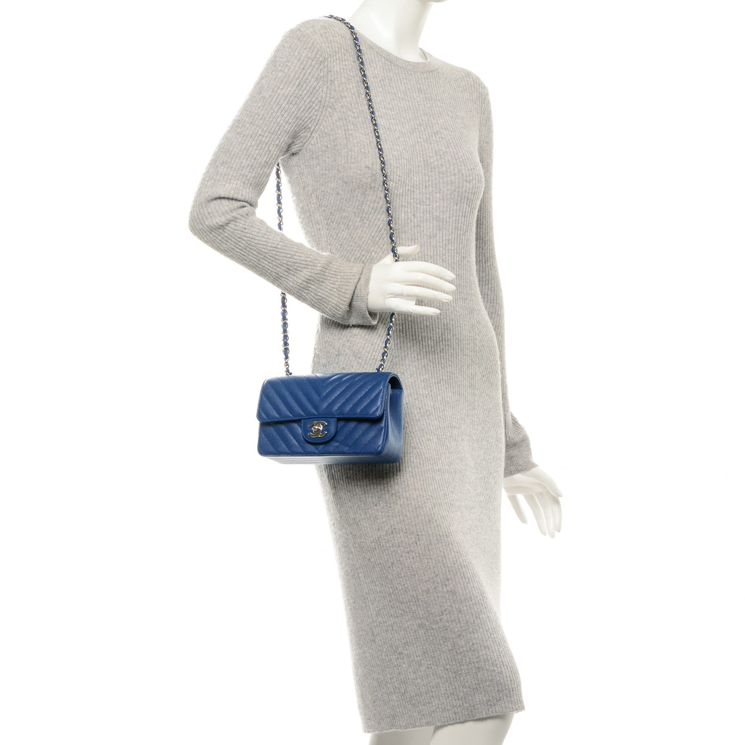 Chanel Caviar Chevron Quilted Mini Rectangular Flap Blue 2 of 8