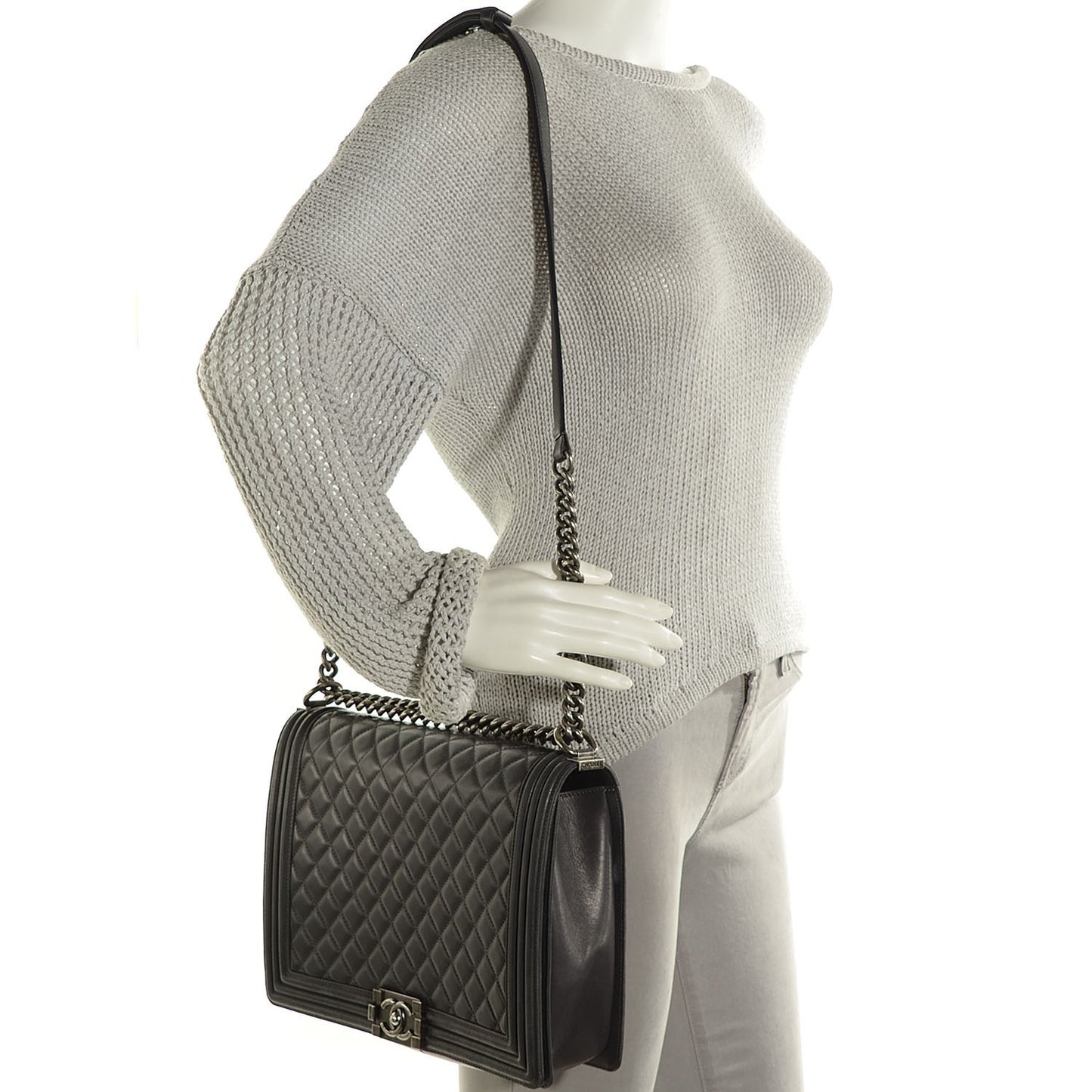 Lambskin Quilted Large Boy Flap Dark Grey