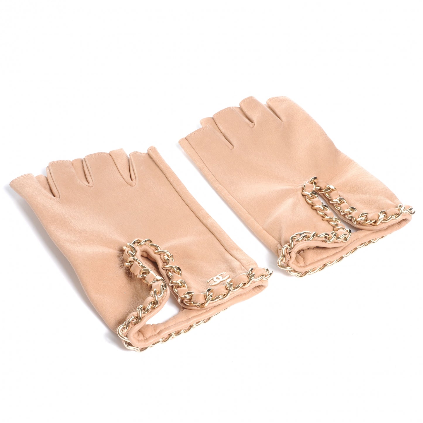 Lambskin Fingerless Chain CC Gloves Beige 8