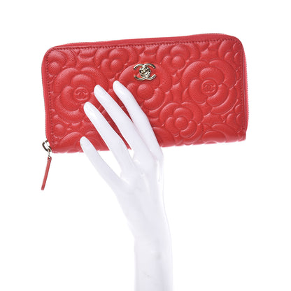 Chanel Caviar Camellia Embossed Zip Around Large Gusset Wallet Red 2 of 8