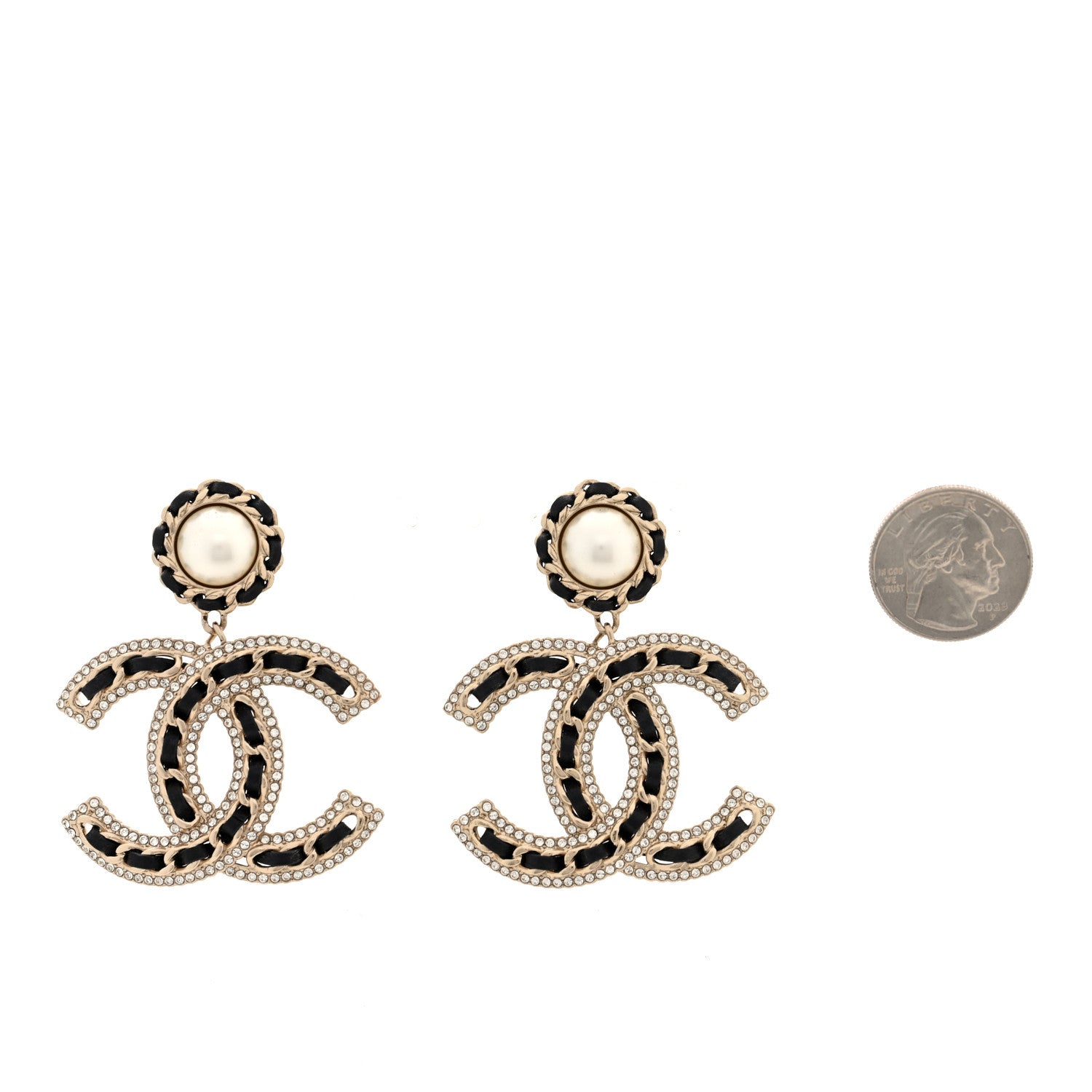 Chanel Pearl Lambskin Crystal Chain CC Drop Earrings Black Gold 2 of 5