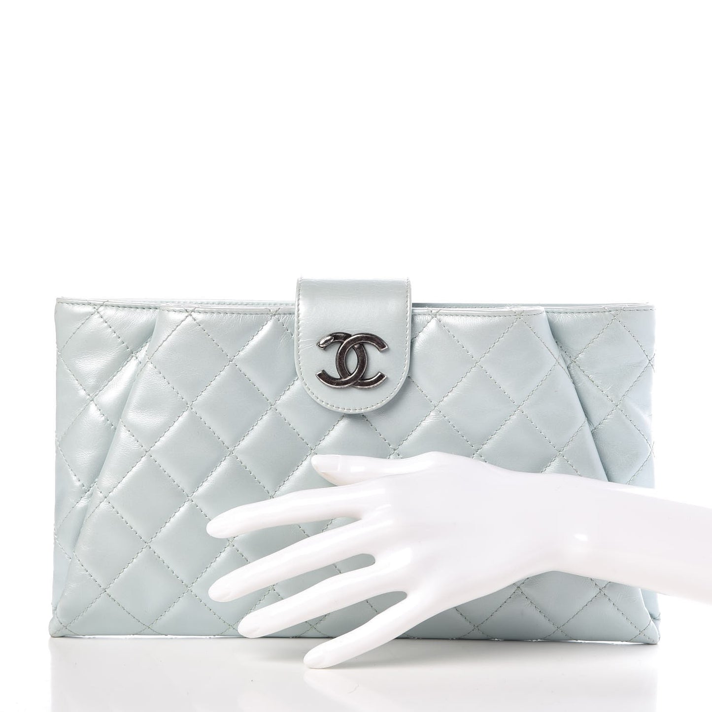 Glazed Calfskin Quilted Coco Pleats Clutch Light Blue