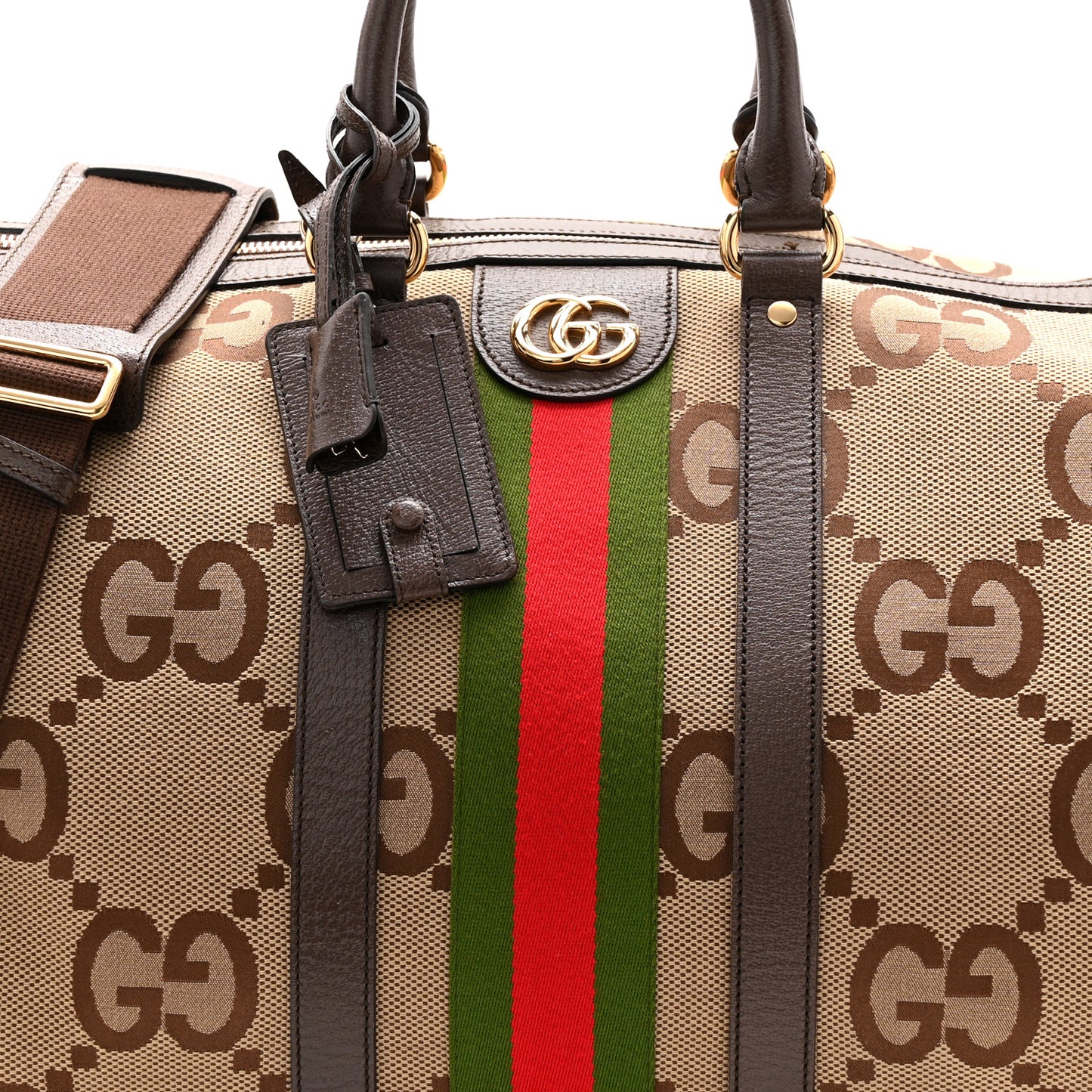 Monogram Jumbo GG Textured Dollar Calfskin Web Large Duffle Bag Camel Ebony