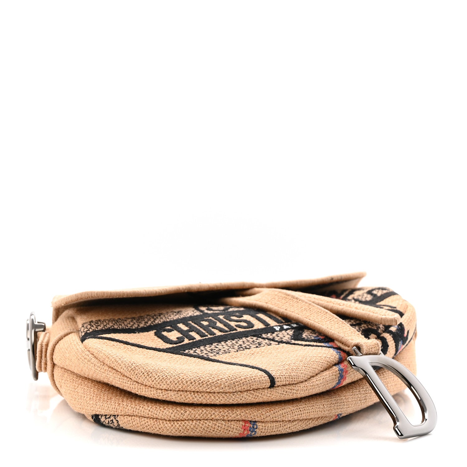 Christian Dior Canvas Jute Embroidered Saddle Bag Black Beige