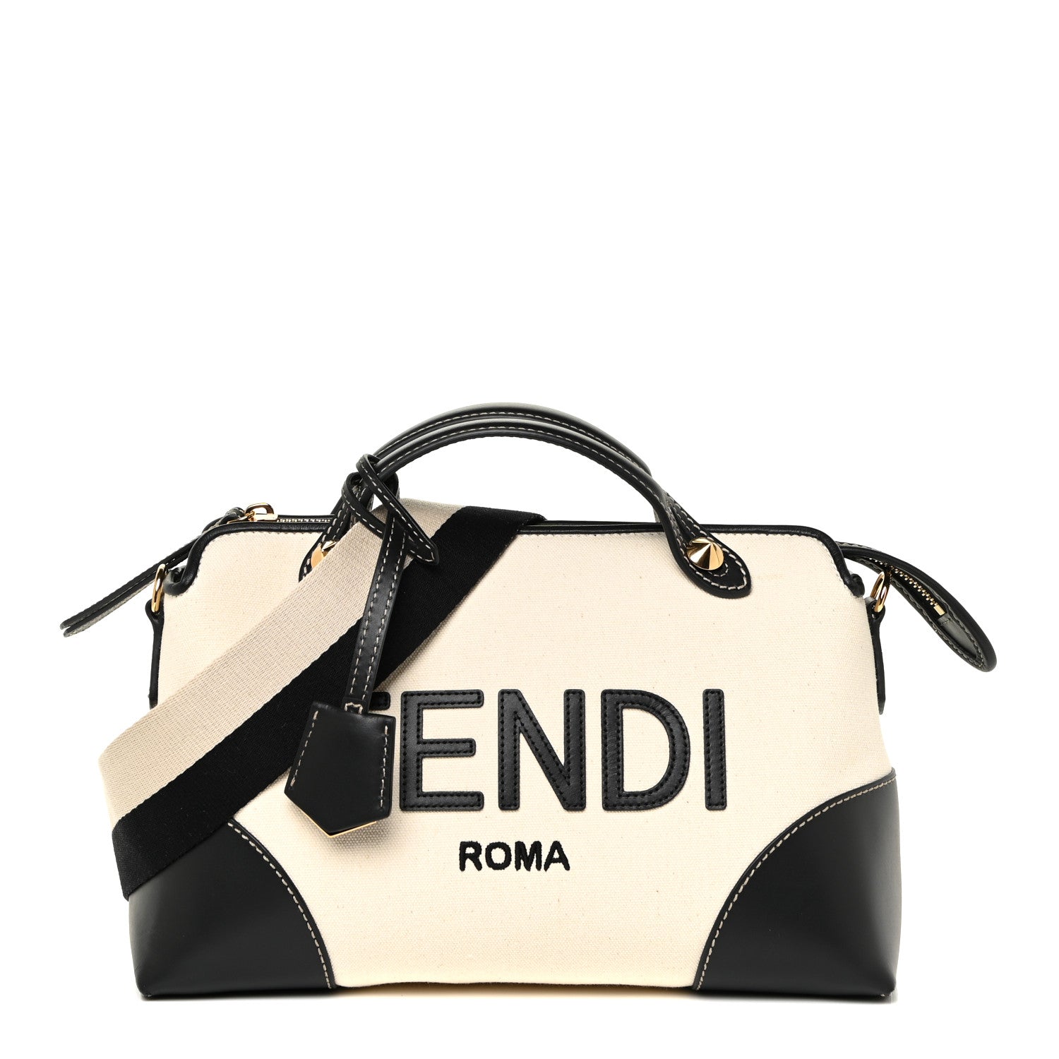 Fendi Canvas Vitello King Logo Embroidered Medium By The Way Boston Bag Grezzo Black 1 of 10