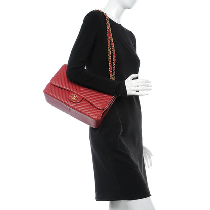 Chanel Lambskin Chevron Quilted Jumbo Double Flap Red 2 of 13