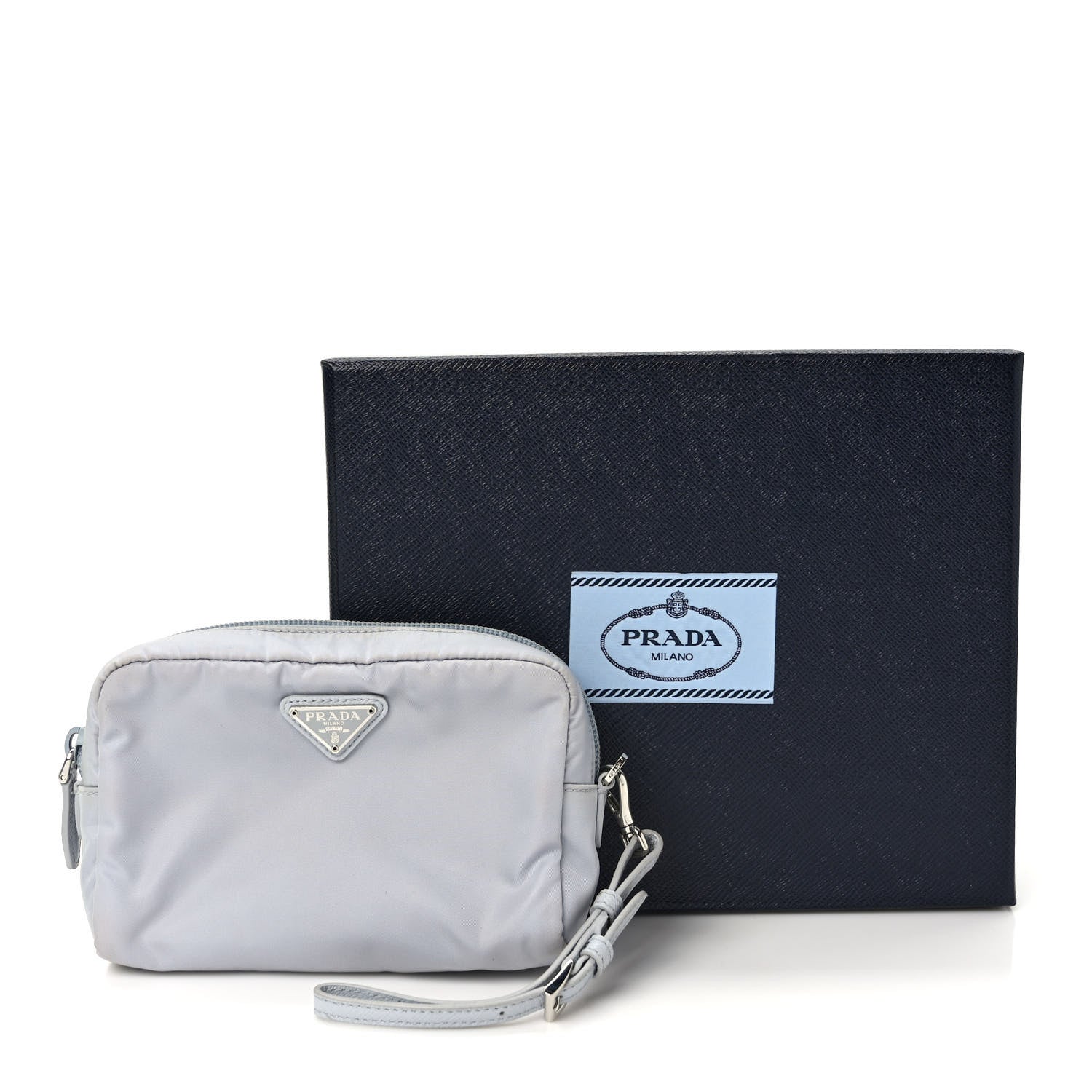 Prada Tessuto Nylon Vela Saffiano Necessaire Wristlet Pouch Fiordaliso 7 of 7