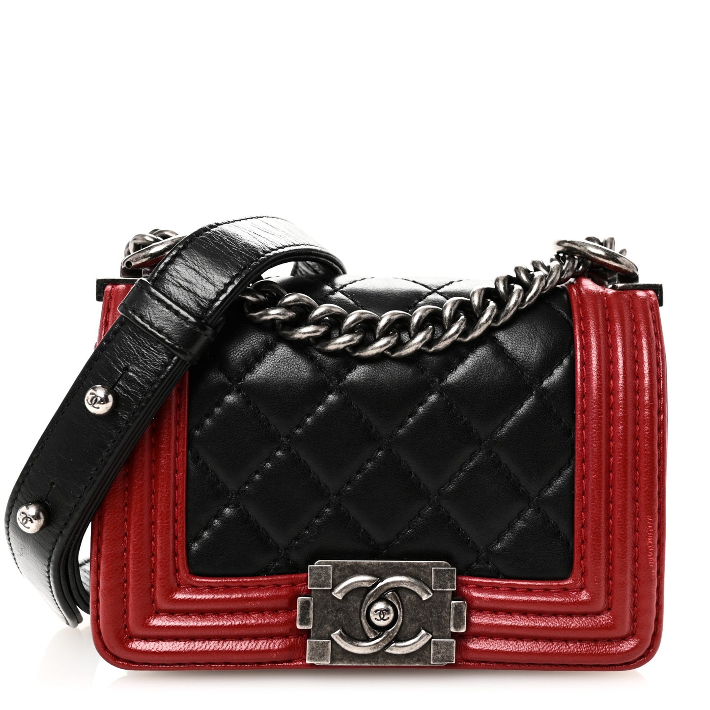 Calfskin Quilted Mini Boy Flap Black Red