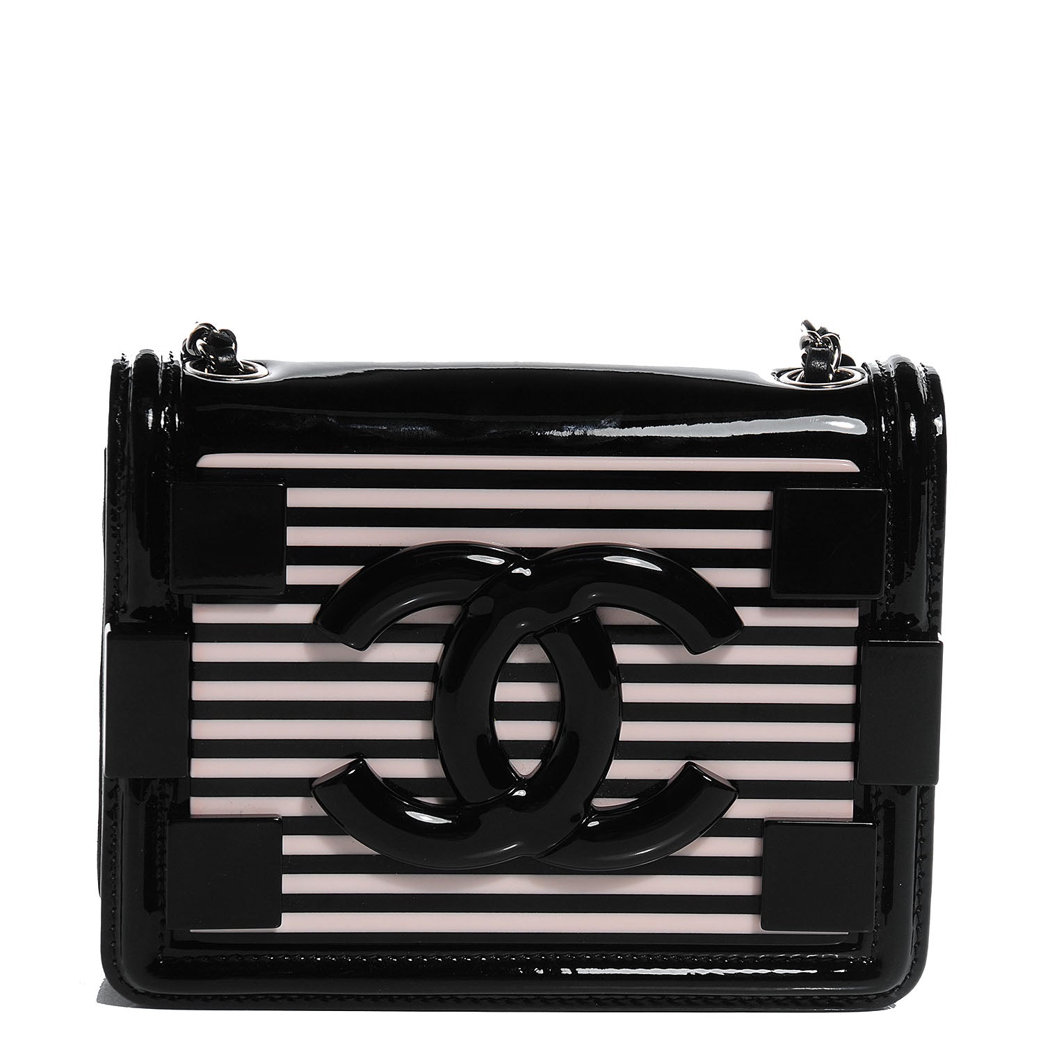 Chanel Plexiglass Patent Mini Striped Boy Brick Flap Black White 1 of 7