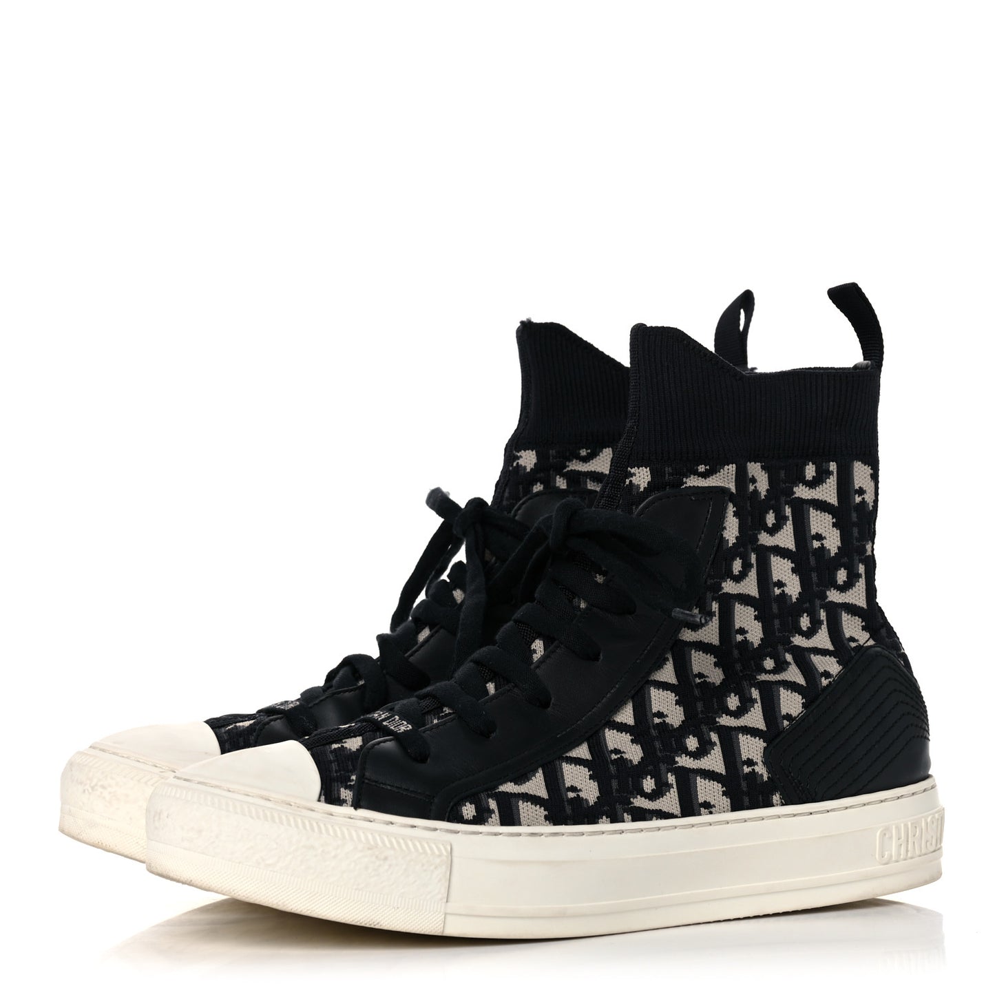 Technical Knit Calfskin Oblique Womens Walk'n Dior High Top Sneakers 38.5 Deep Blue