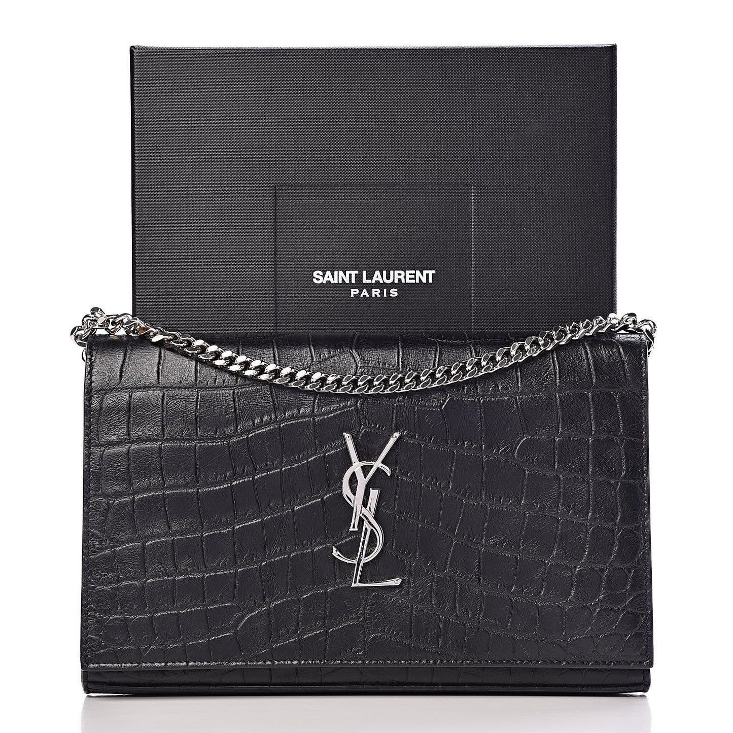Calfskin Crocodile Embossed Monogram Chain Wallet Black