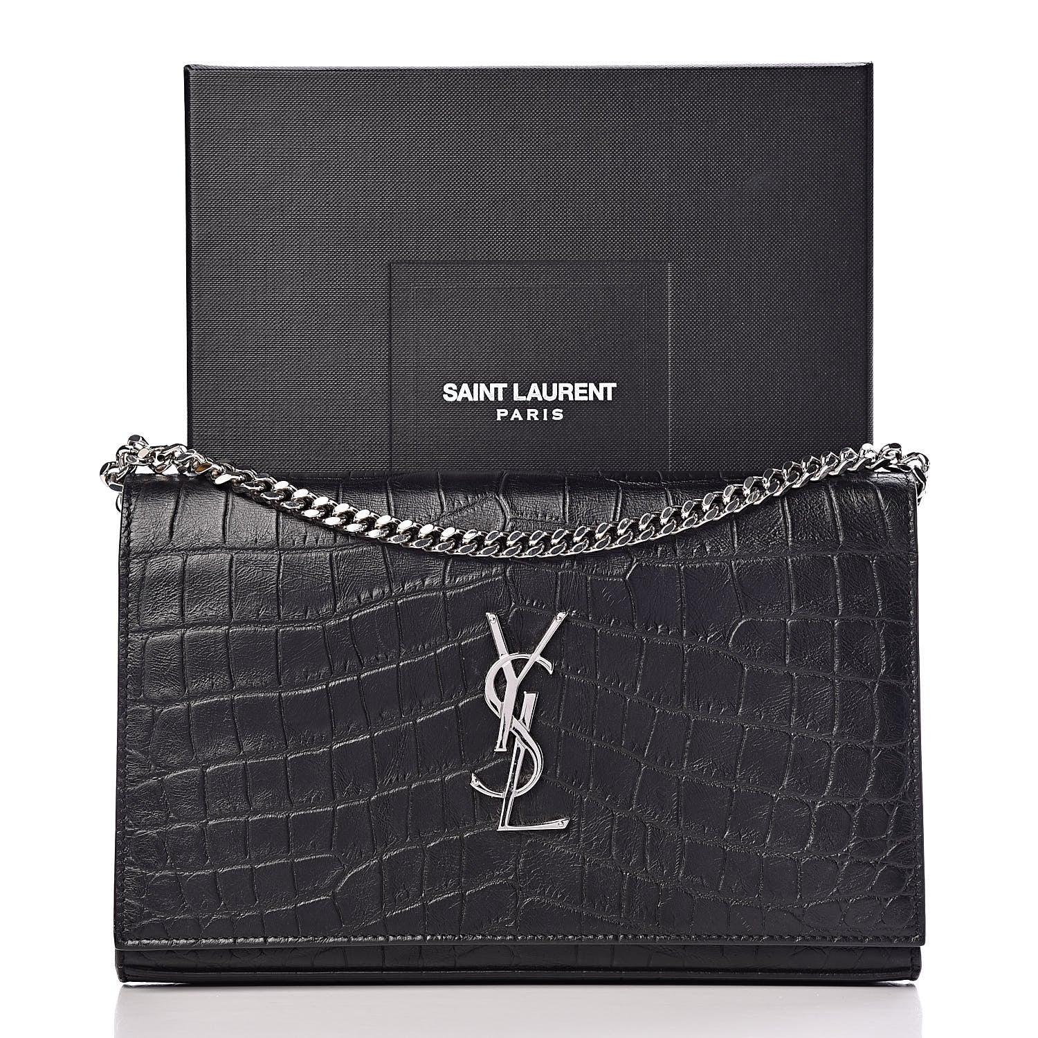 Saint Laurent Calfskin Crocodile Embossed Monogram Chain Wallet Black 11 of 11