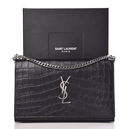 Saint Laurent Calfskin Crocodile Embossed Monogram Chain Wallet Black 11 of 11