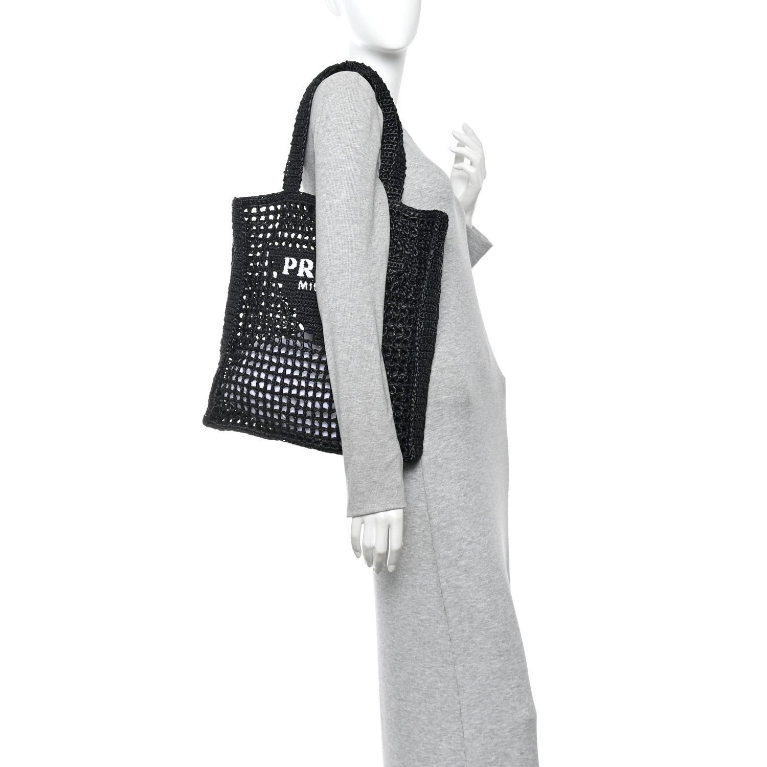 Prada Yarn Raffia Effect Crochet Logo Embroidered Tote Bag Black 2 of 10