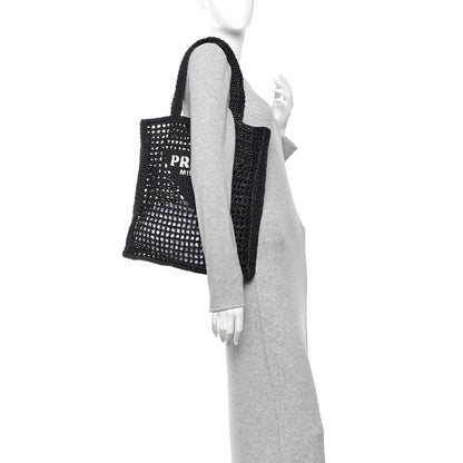 Prada Yarn Raffia Effect Crochet Logo Embroidered Tote Bag Black 2 of 10