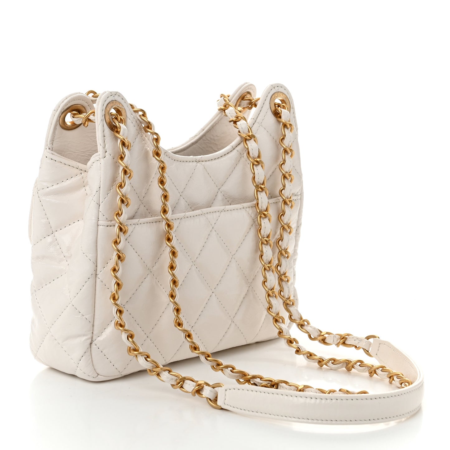 Shiny Crumpled Calfskin Quilted Small Wavy CC Hobo White