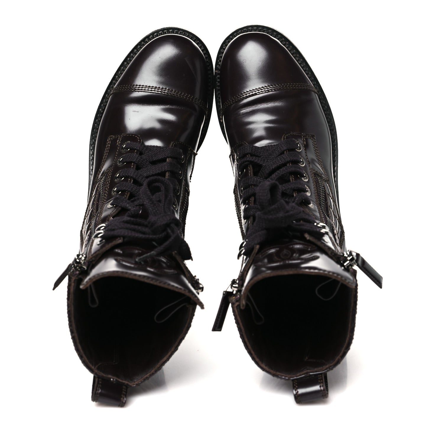 Shiny Calfskin Quilted CC Lace Up Combat Boots 38 Dark Burgundy