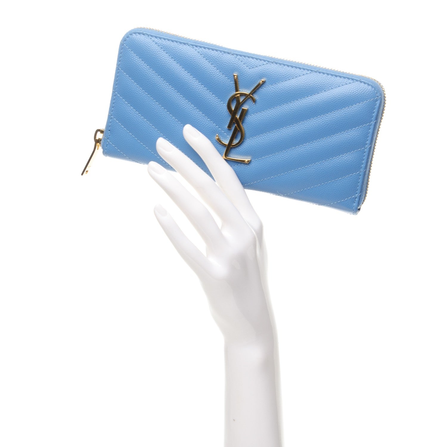 Saint Laurent Grain De Poudre Matelasse Chevron Monogram Zip Around Wallet Blue Clair 2 of 6