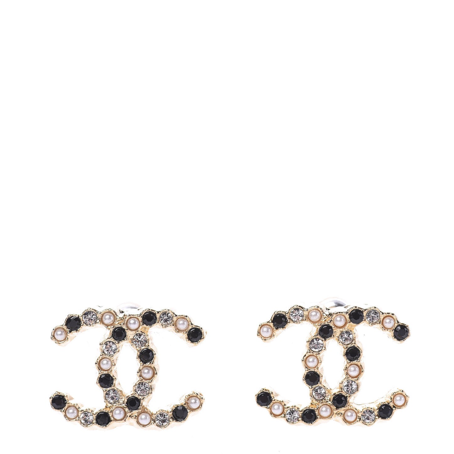Resin Pearl Crystal CC Earrings Gold Black