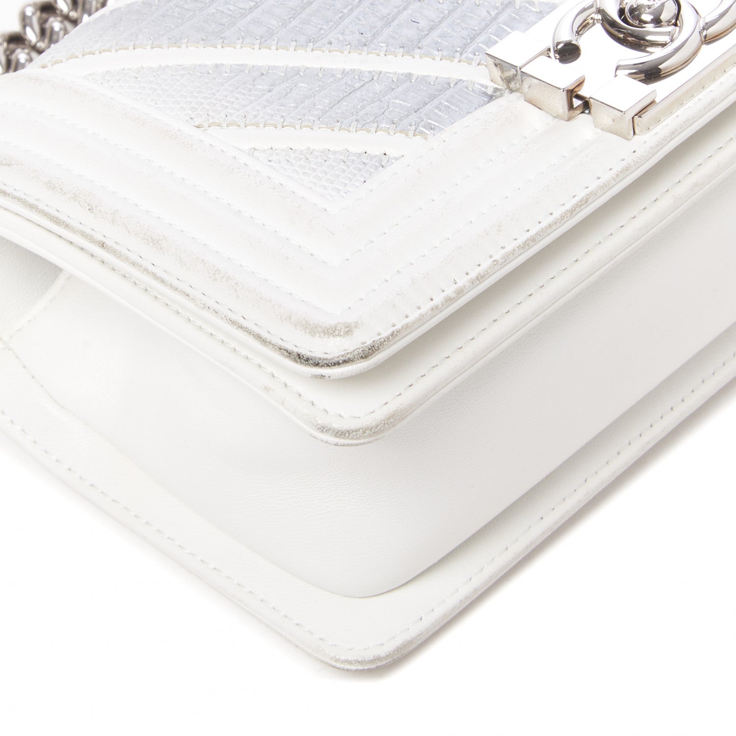 Chanel Lizard Chevron Stitched Small Boy Flap White Silver 5 of 11
