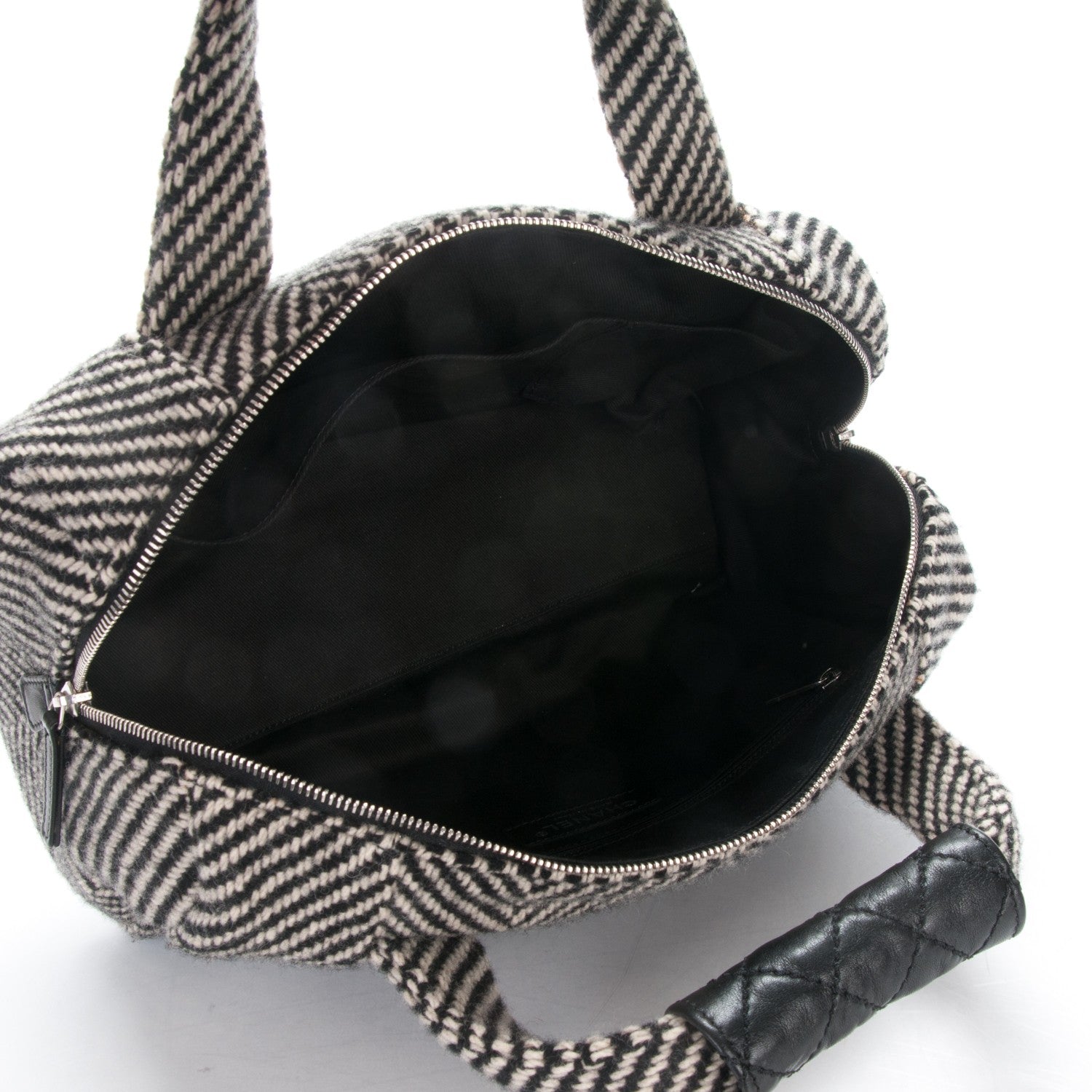 Chanel Wool Calfskin CC Chevron All Day Long Boston Black White 5 of 9