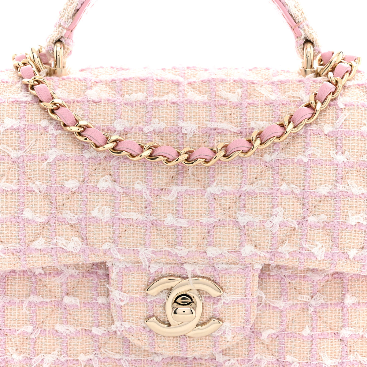 Tweed Quilted Mini Top Handle Rectangular Flap Light Pink