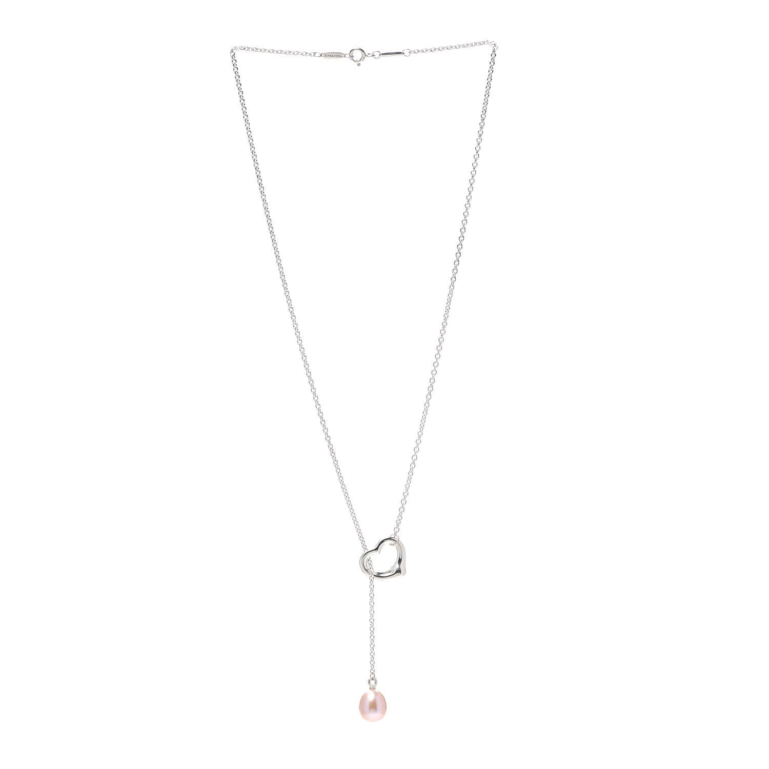 Tiffany Sterling Silver Pink Pearl 9-9.5mm Elsa Peretti Open Heart Lariat Necklace 3 of 5