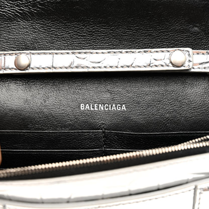 Balenciaga Metallic Calfskin Crocodile Embossed Hourglass Chain Bag Silver 6 of 13