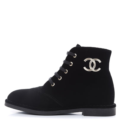 Chanel Velvet CC Lace Up Boots 36.5 Black 1 of 8