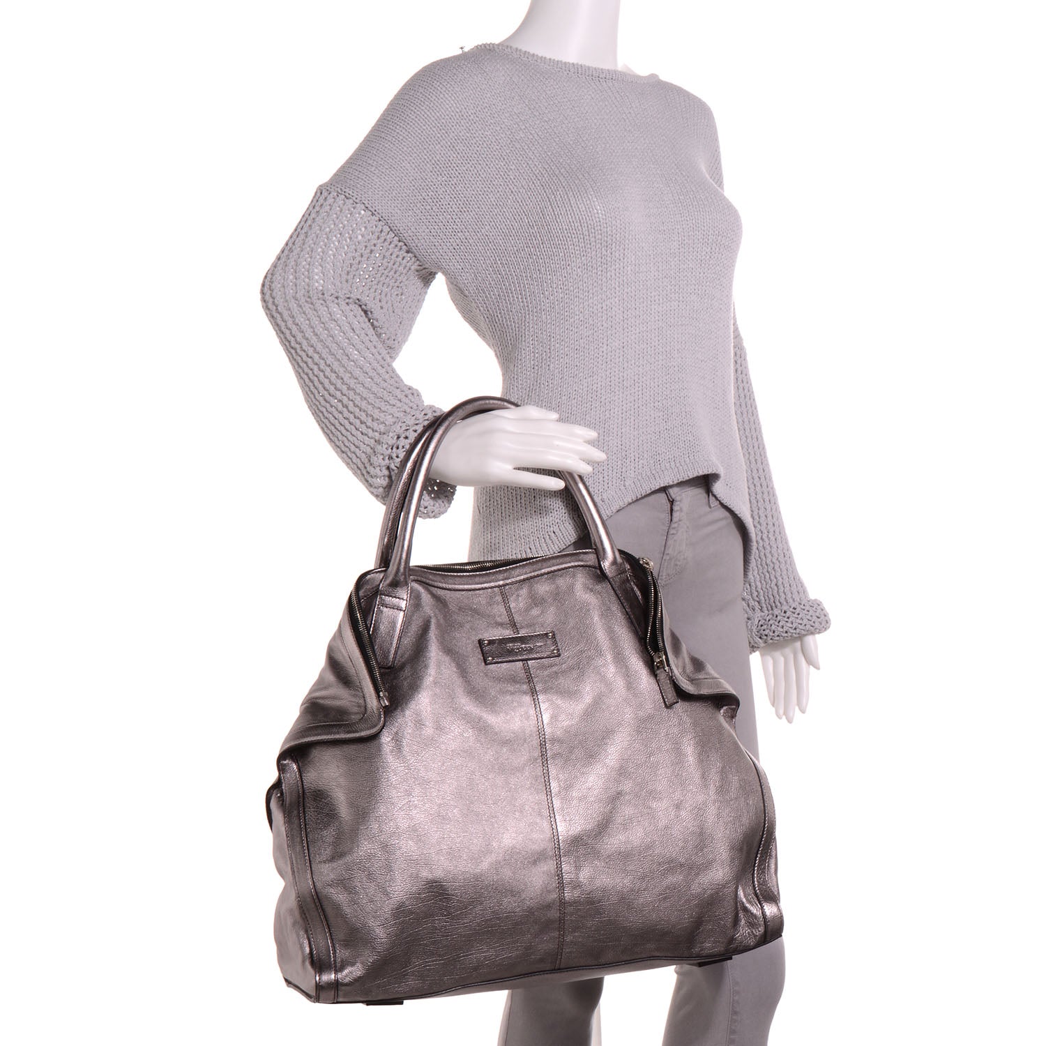 Alexander McQueen Metallic Leather Large De Manta Tote Dark Silver 2 of 7