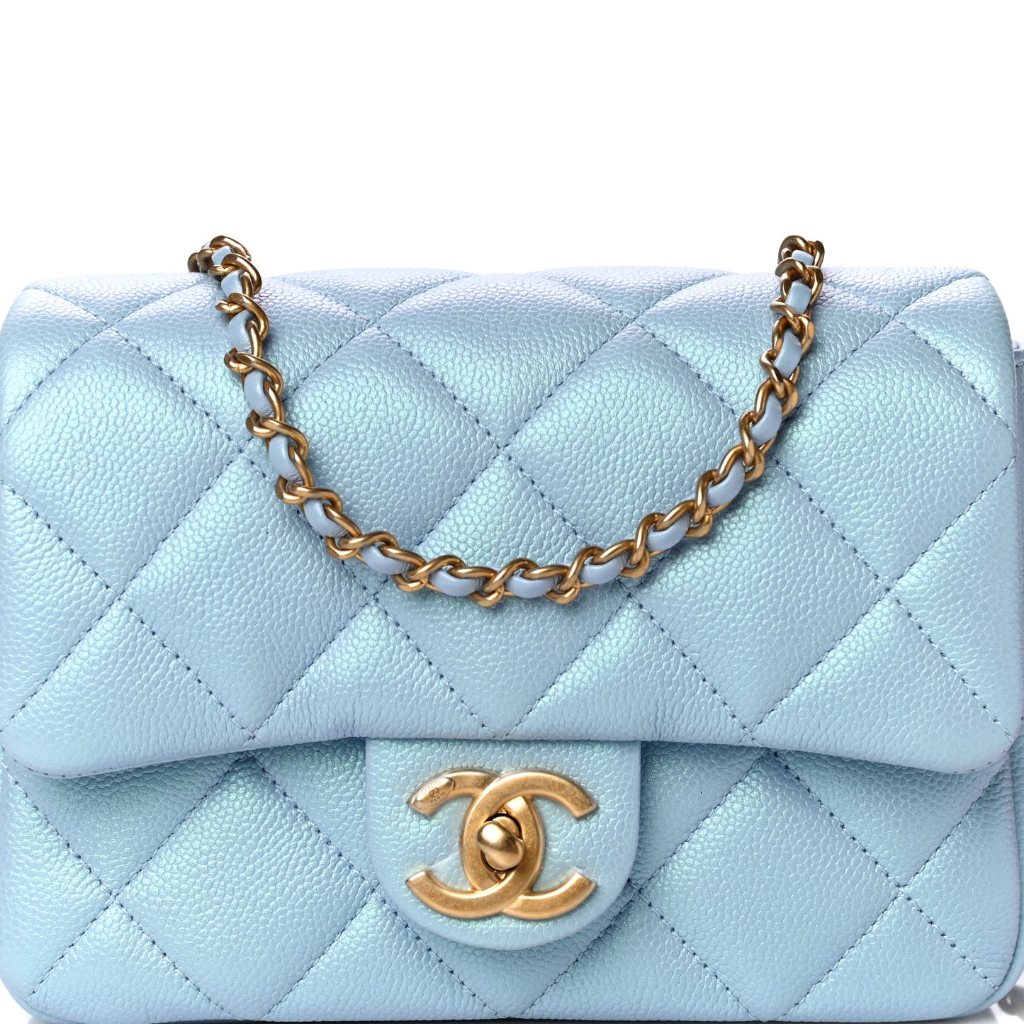 Iridescent Caviar Quilted Mini My Perfect Flap Light Blue