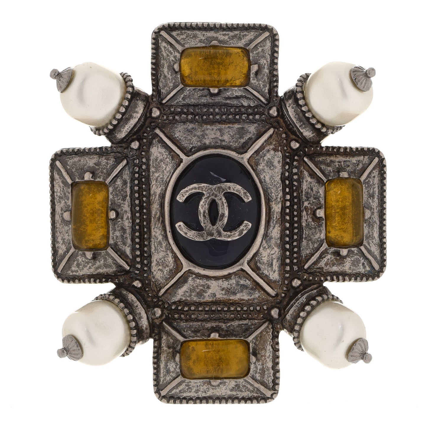 Metal Resin Gripoix Pearl CC Brooch Multicolor
