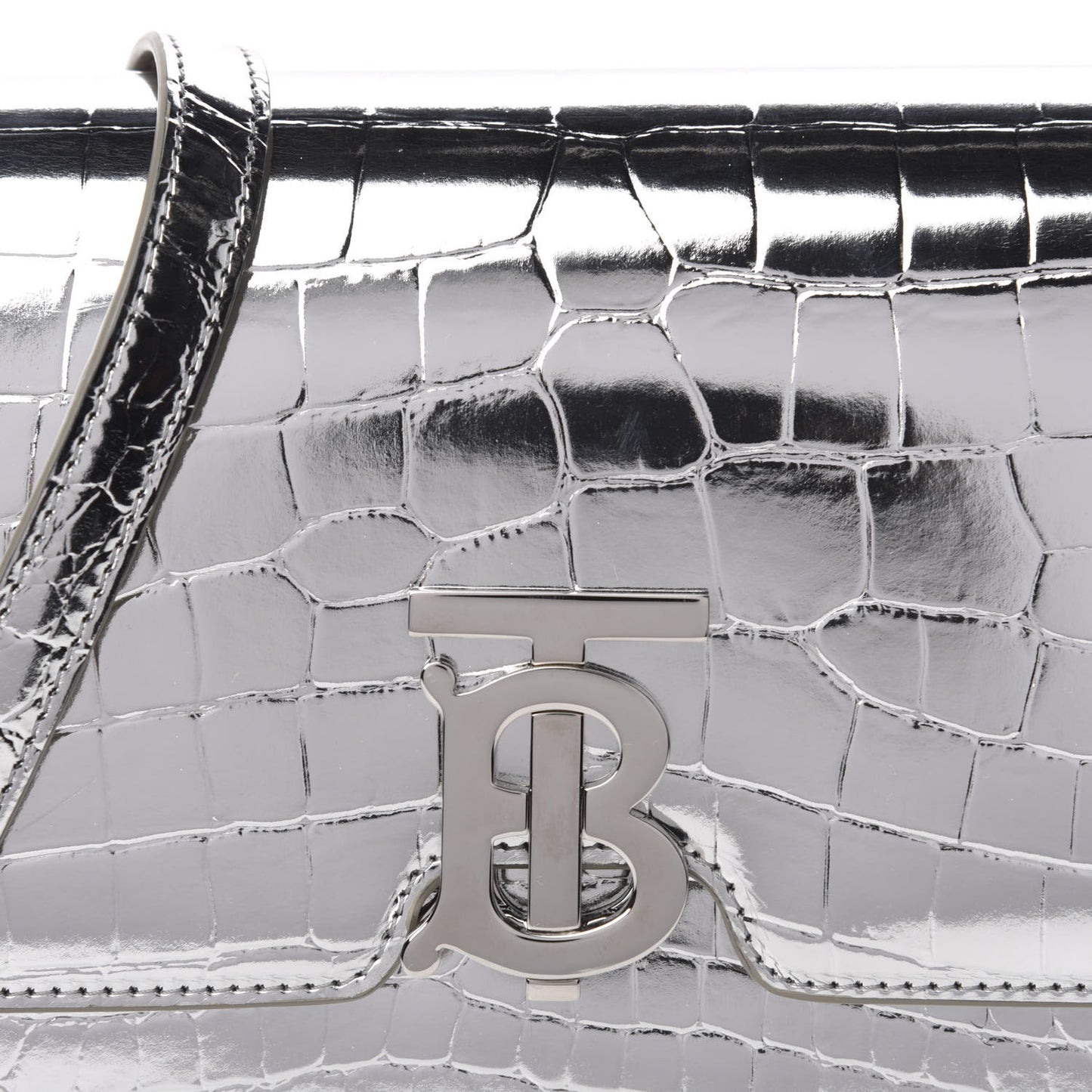 Metallic Patent Crocodile Embossed Small TB Shoulder Bag Silver