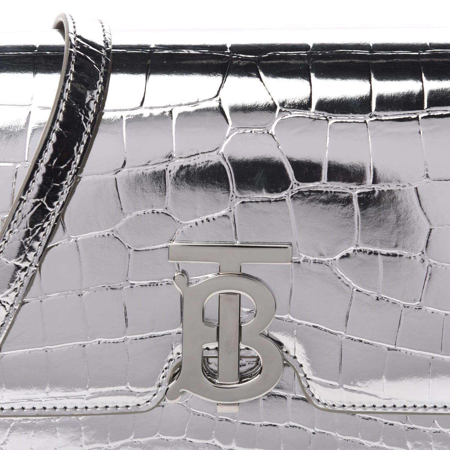 Burberry Metallic Patent Crocodile Embossed Small TB Shoulder Bag Silver 9 of 9