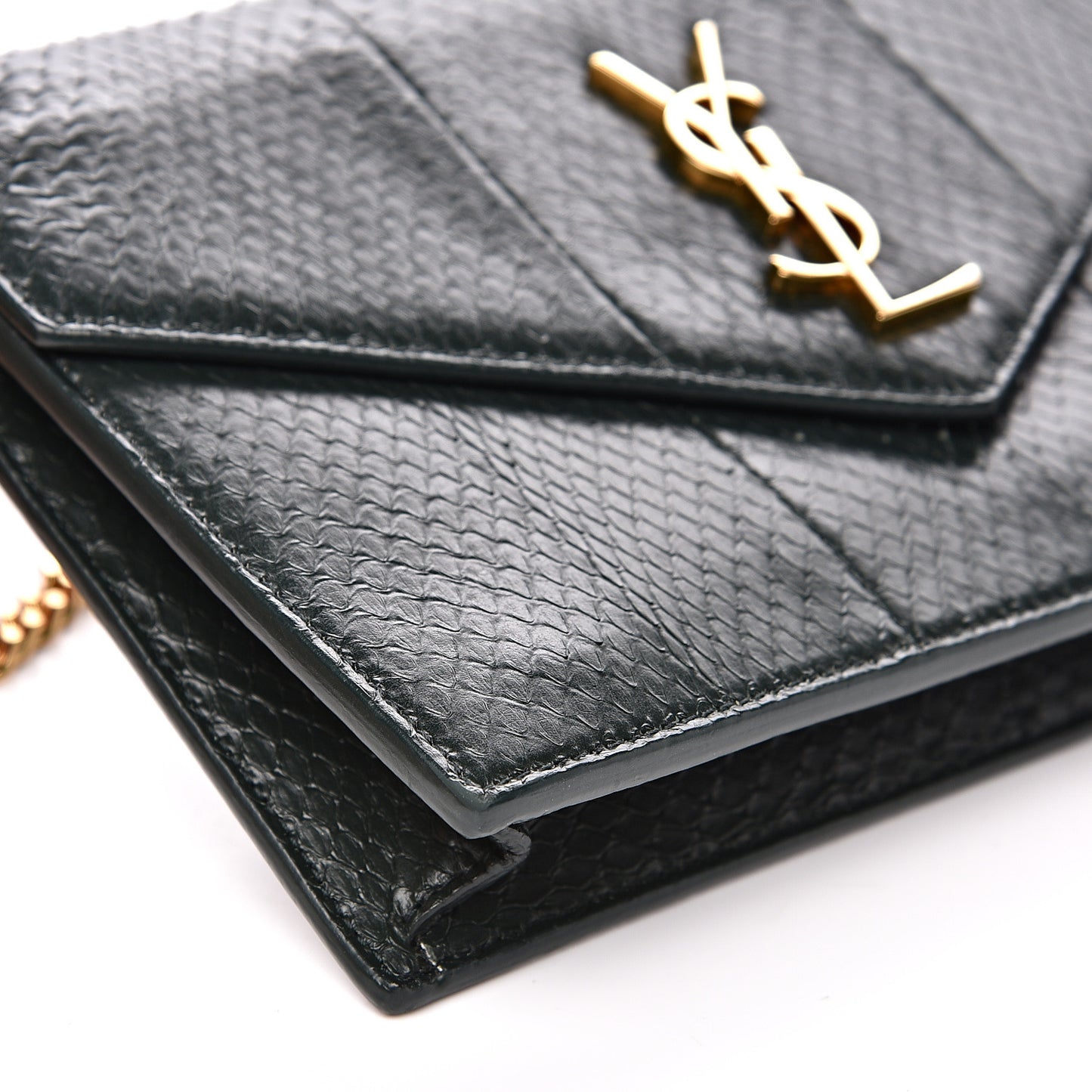 Snakeskin Monogram Envelope Chain Wallet Dark Green