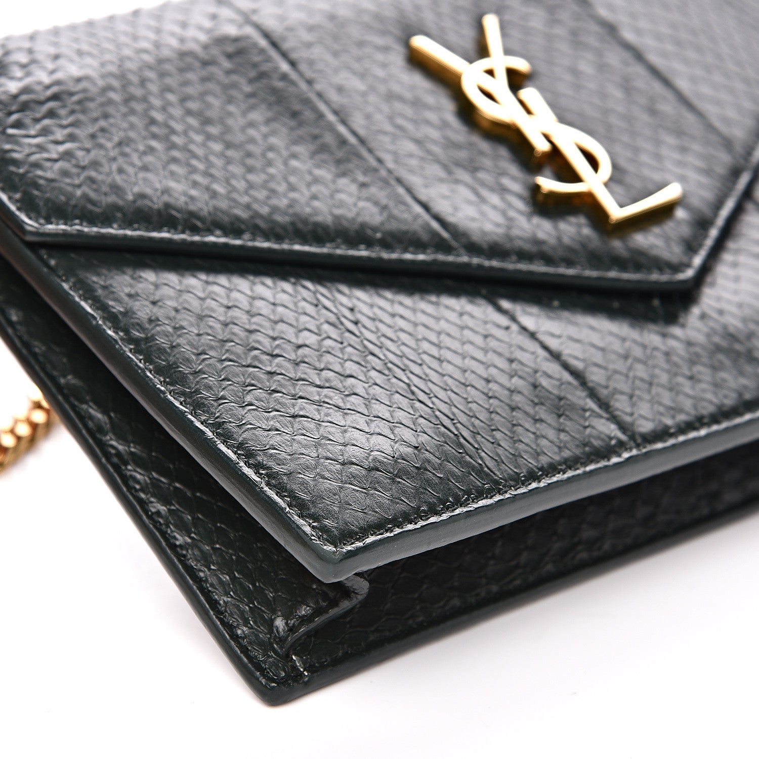 Saint Laurent Snakeskin Monogram Envelope Chain Wallet Dark Green 7 of 13